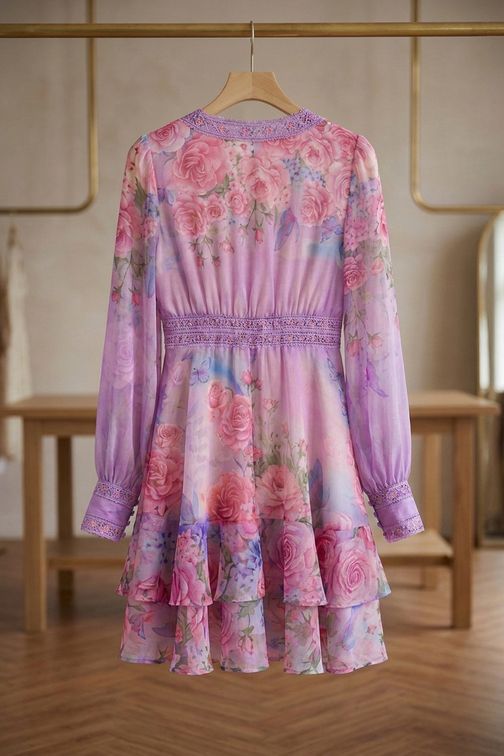 Lavender Chiffon Fit-and-Flare Floral Dress lavender, lilac, pink chiffon dress - product view 3