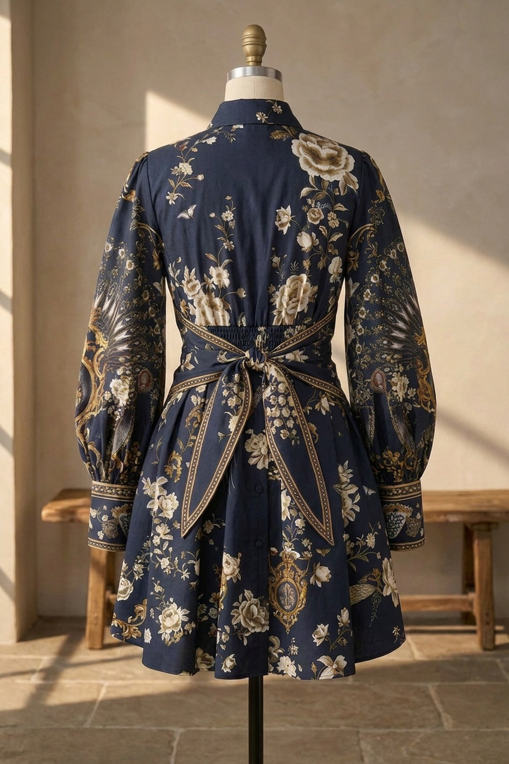 Navy Blue Baroque Print Fit-and-Flare Shirt Dress navy blue structured cotton poplin shirt dress - product view 4
