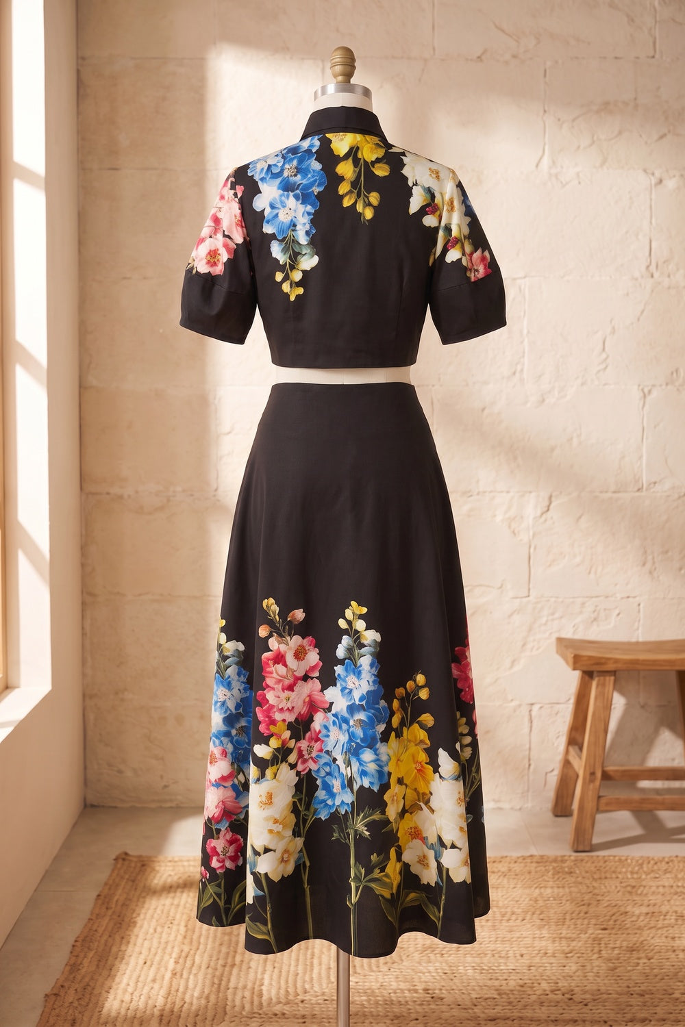 Black Floral Print Structured Two-Piece Set with Puff Sleeve Blouse and Midi Skirt black structured woven cotton or linen blend two-piece set - product view 4