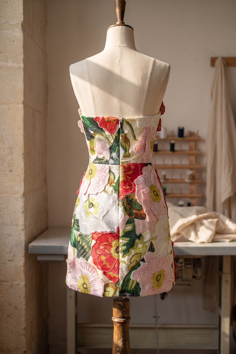 White Brocade Floral Appliqué Mini Dress white brocade dress - product view 4