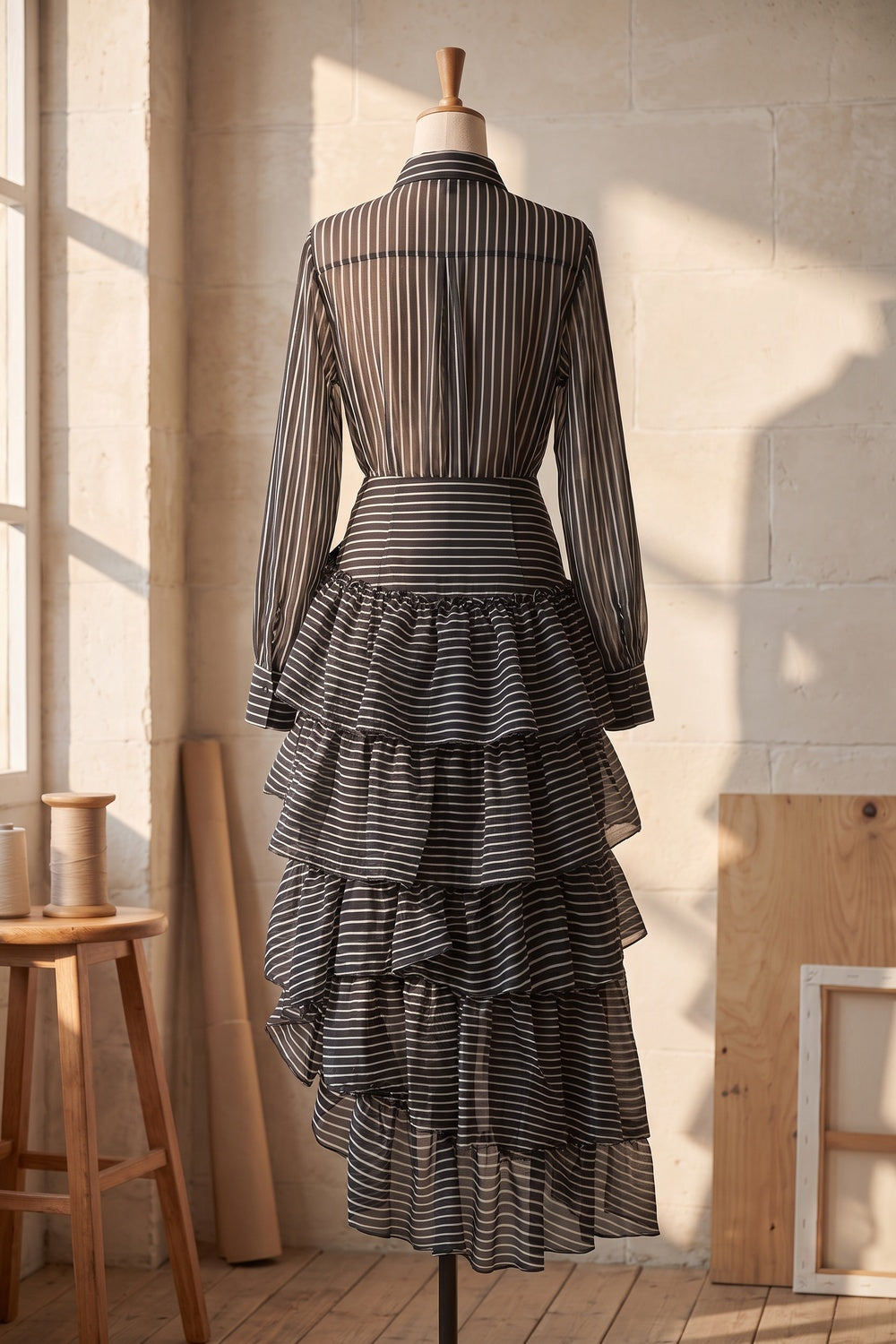 Black Sheer Chiffon Two-Piece Matching Set with Asymmetrical Tiered Skirt black, white sheer chiffon or organza two-piece matching set (shirt and skirt) - product view 4