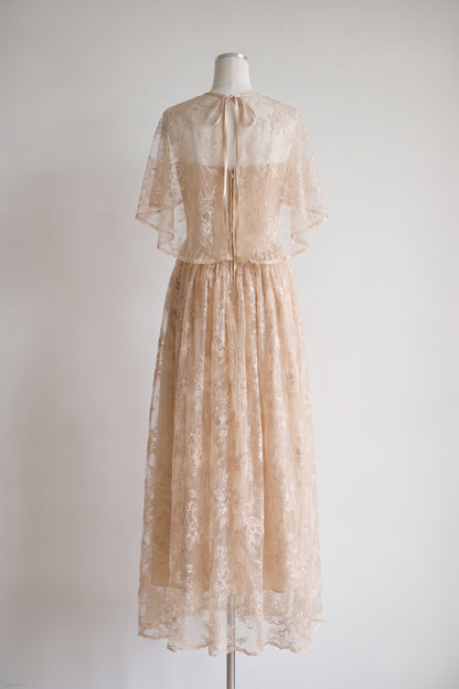 Champagne Embroidered Floral Lace A-Line Layered Maxi Dress champagne, beige embroidered floral lace layered lace maxi dress - product view 4