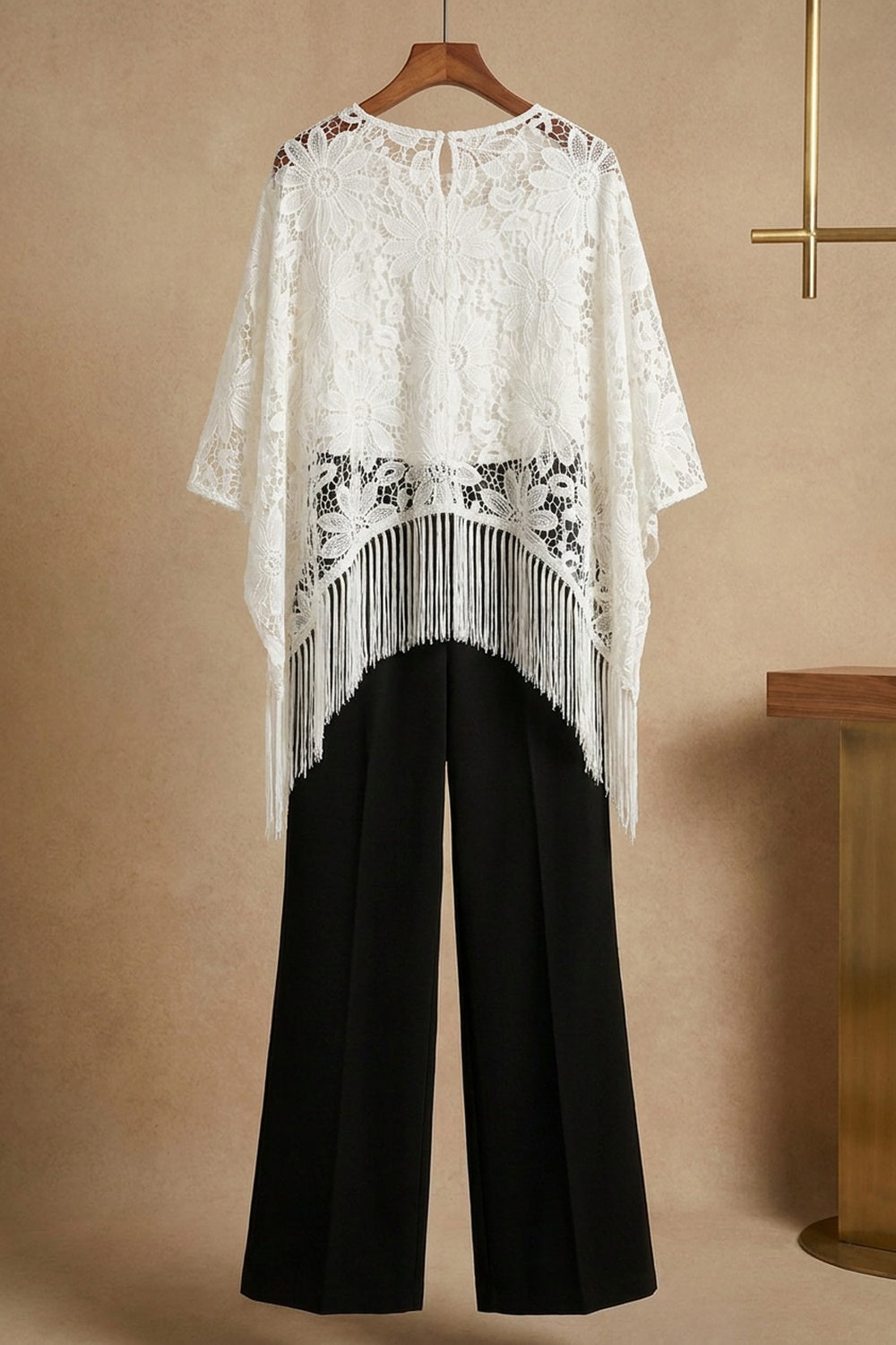 White Guipure Lace Fringe Poncho Top with Black Wide-Leg Trousers Set white, black guipure lace (top), woven crepe (trousers) two-piece set (poncho top and wide-leg trousers) - product view 4