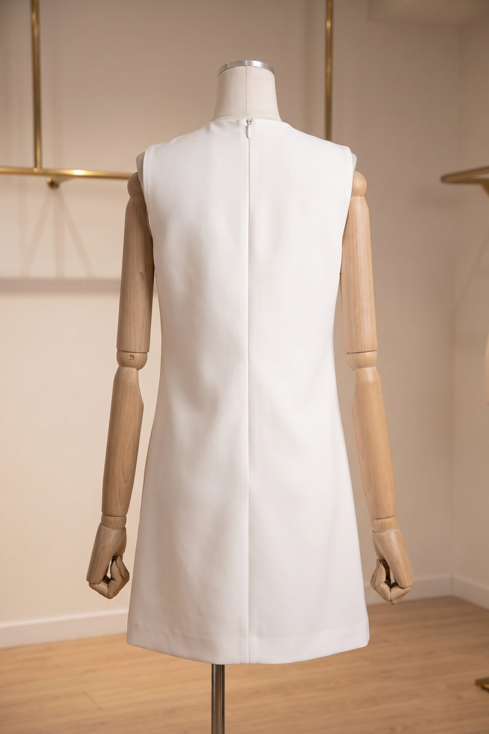 White Structured Crepe Mini Dress with Asymmetric Floral Print white structured heavy crepe dress - product view 4