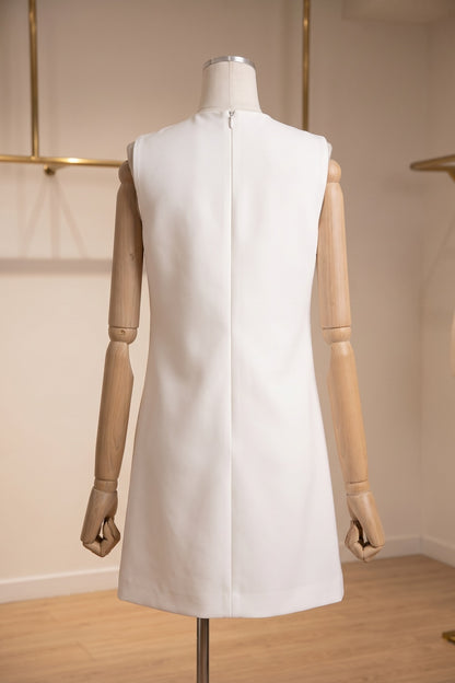 White Structured Crepe Mini Dress with Asymmetric Floral Print white structured heavy crepe dress - product view 4