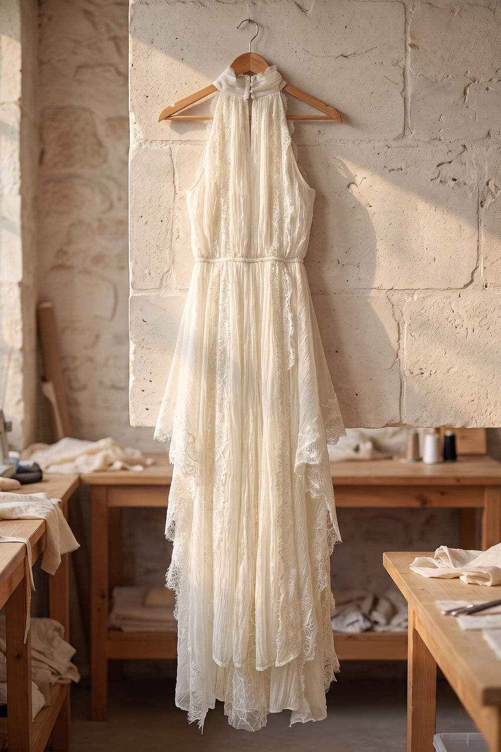 Ivory Crinkled Chiffon A-Line Maxi Dress with Lace Panels ivory crinkled chiffon dress - product view 4