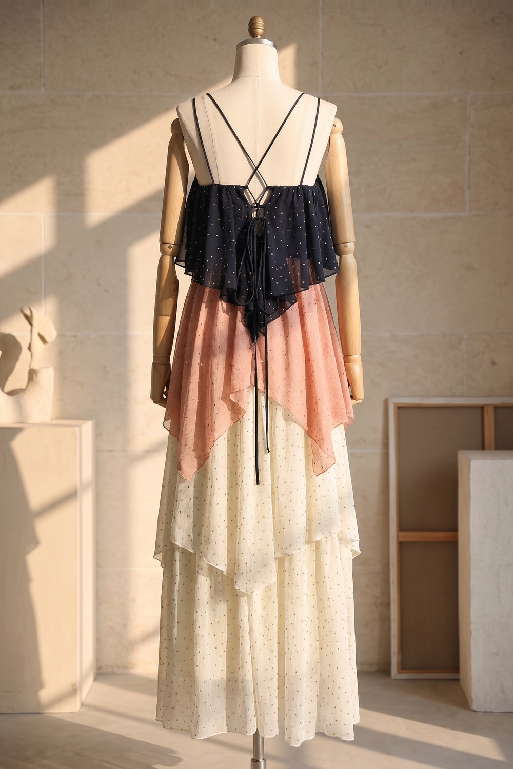 Navy Blue, Dusty Pink & Cream Chiffon A-Line Tiered Maxi Dress navy blue, dusty pink, cream chiffon dress - product view 4