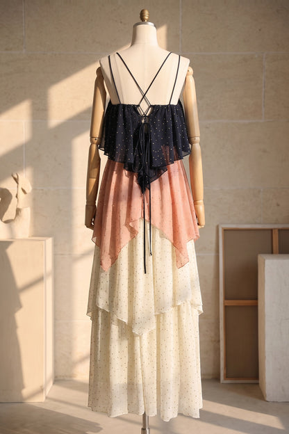 Navy Blue, Dusty Pink & Cream Chiffon A-Line Tiered Maxi Dress navy blue, dusty pink, cream chiffon dress - product view 4