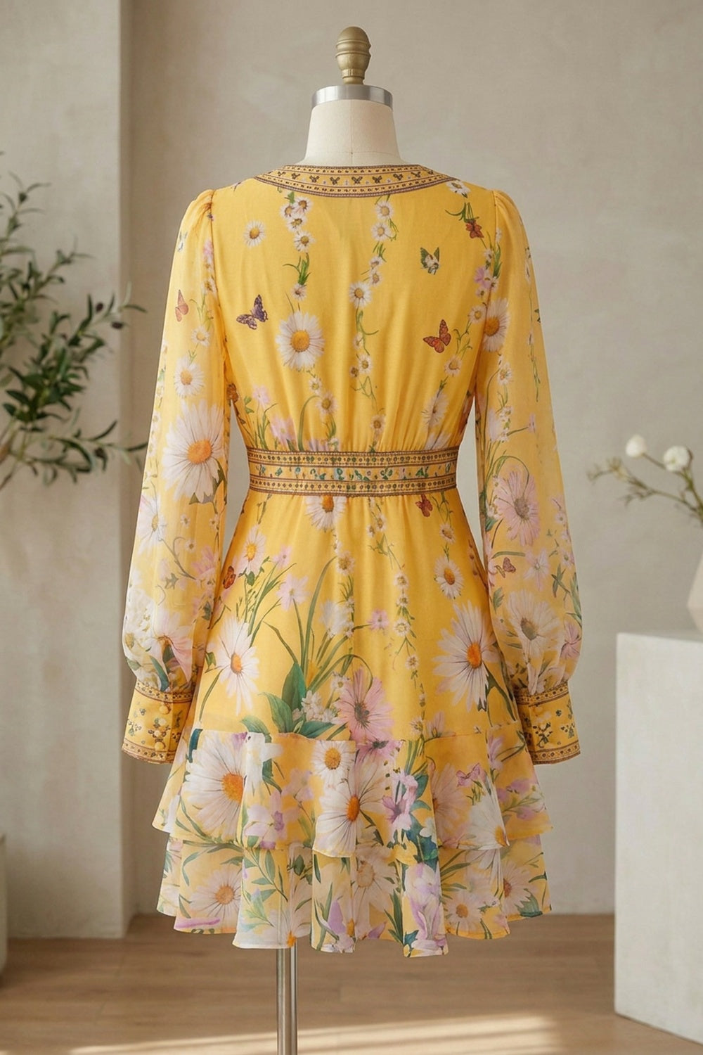 Yellow Chiffon Fit-and-Flare Dress with Floral and Butterfly Print yellow chiffon dress - product view 4