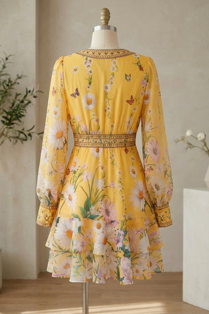 Yellow Chiffon Fit-and-Flare Dress with Floral and Butterfly Print yellow chiffon dress - product view 4