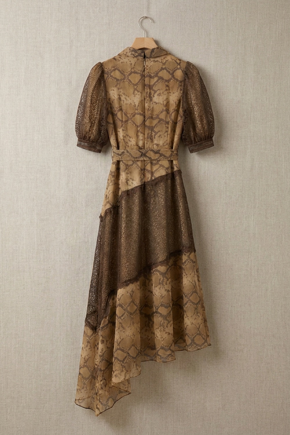 Beige Chiffon A-Line Asymmetric Tiered Snakeskin Midi Dress beige, brown, tan chiffon dress - product view 4