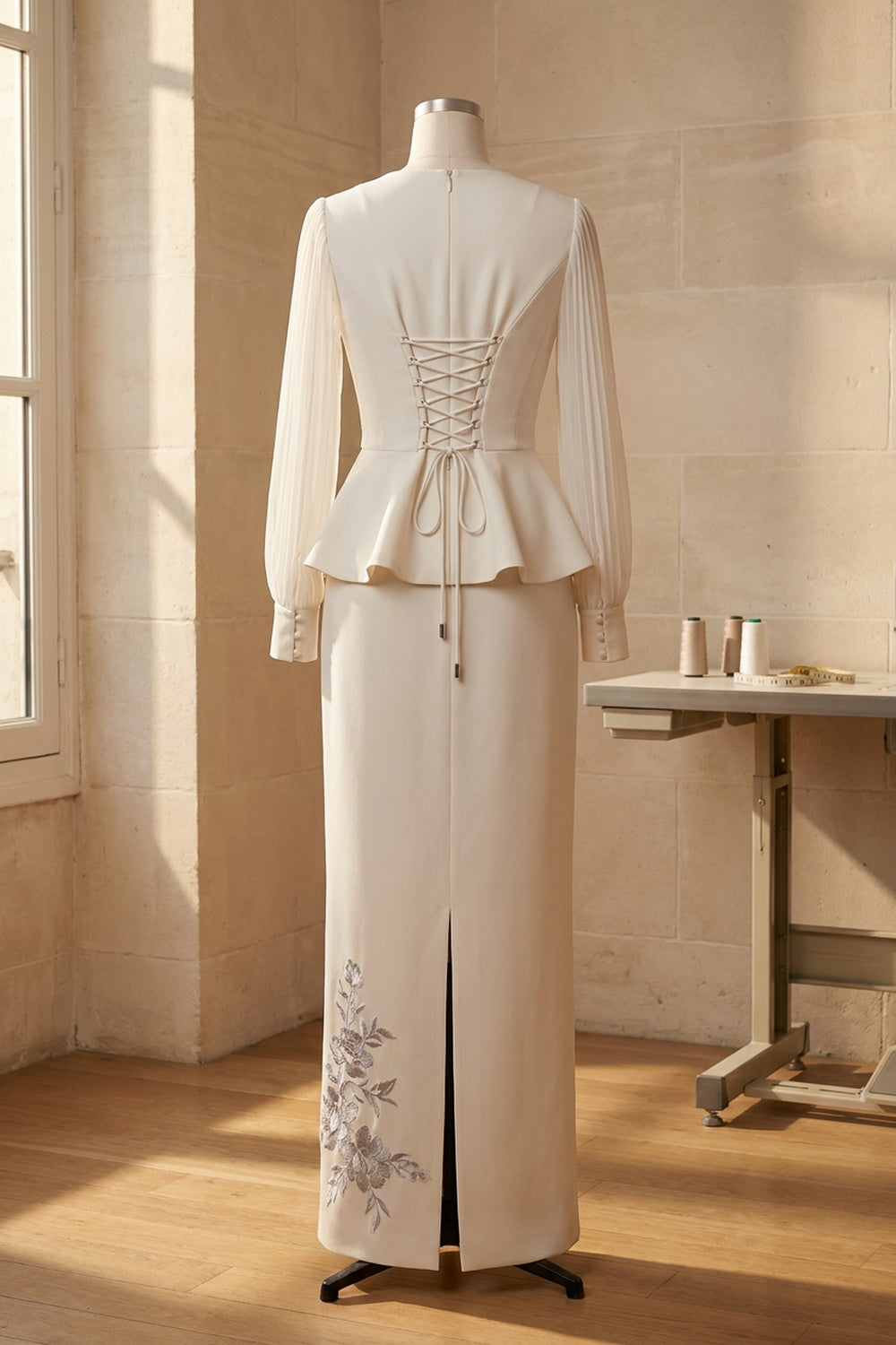 Off-White Structured Crepe Peplum Top & Column Maxi Skirt Two-Piece Set off-white structured crepe two-piece set - product view 4