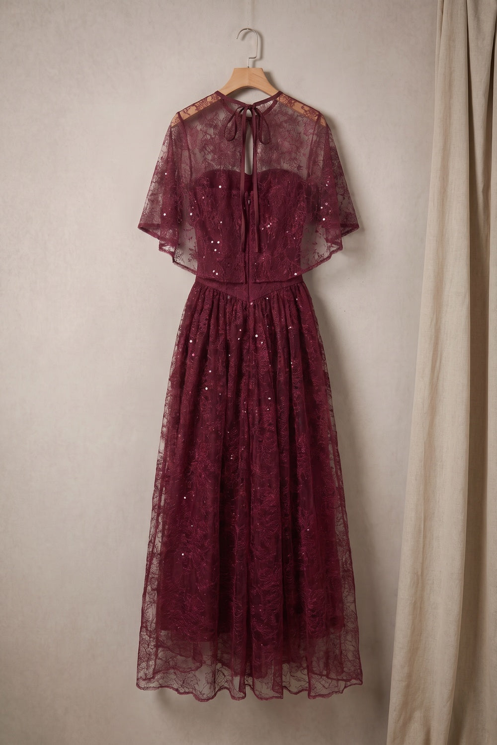 Burgundy Floral Lace A-Line Maxi Dress with Capelet Overlay burgundy floral lace maxi dress with capelet overlay - product view 4