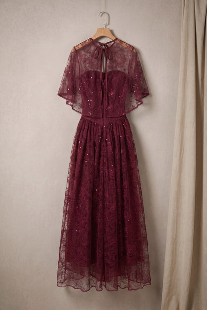 Burgundy Floral Lace A-Line Maxi Dress with Capelet Overlay burgundy floral lace maxi dress with capelet overlay - product view 4