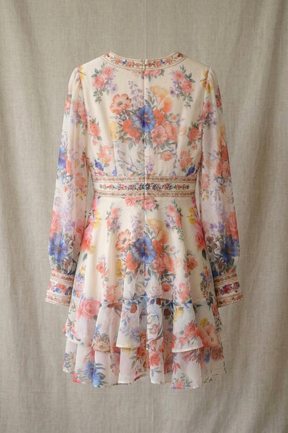 Cream Floral Chiffon Tiered Mini Dress cream, off-white chiffon dress - product view 4