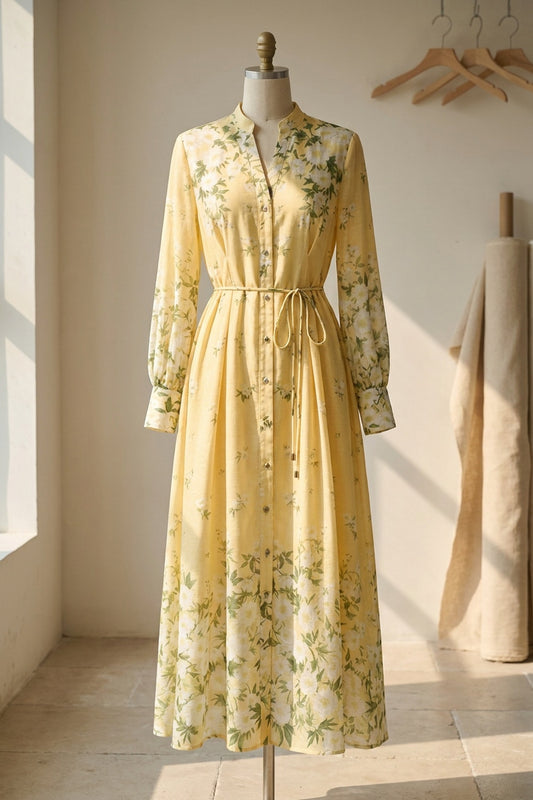 Pale Yellow Lightweight Woven Chiffon A-Line Maxi Shirt Dress pale yellow lightweight woven chiffon maxi shirt dress - product view 2
