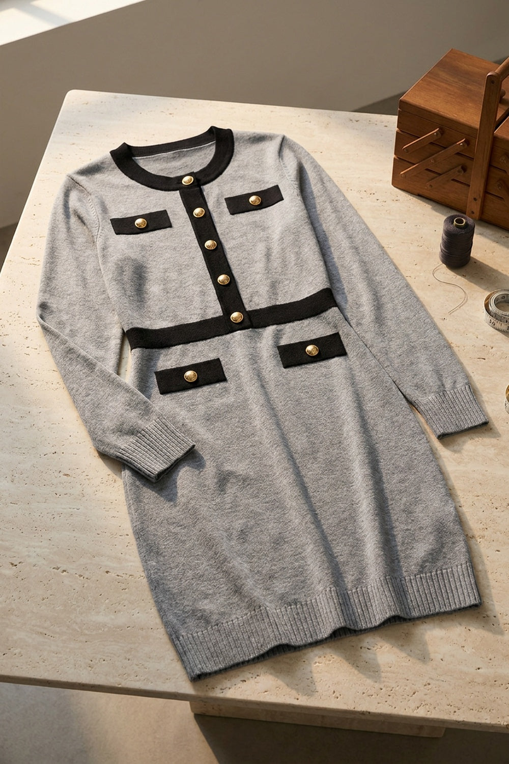 Heather Grey Fine-Knit Sheath Dress with Black Trim heather grey fine knit dress - product view 2