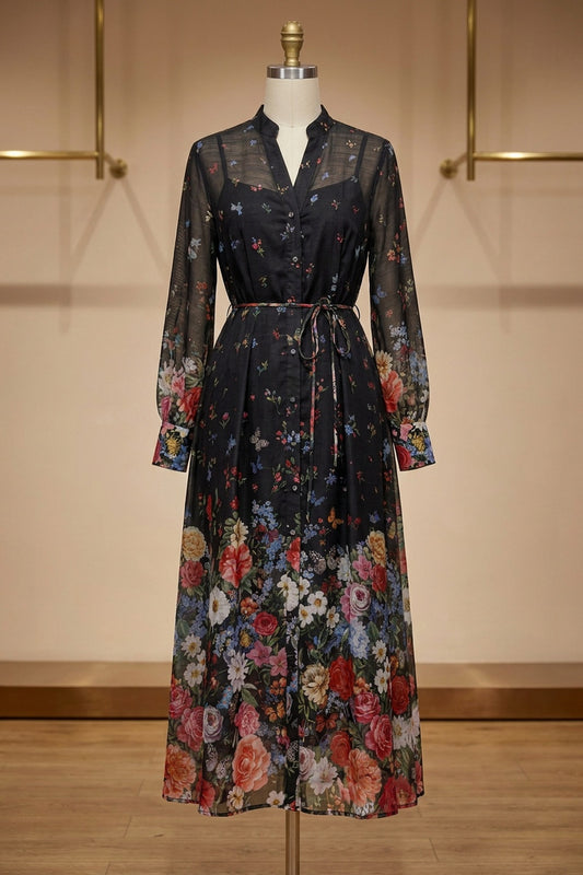 Black Sheer Chiffon A-Line Shirt Dress with Floral Print black sheer chiffon shirt dress - product view 2