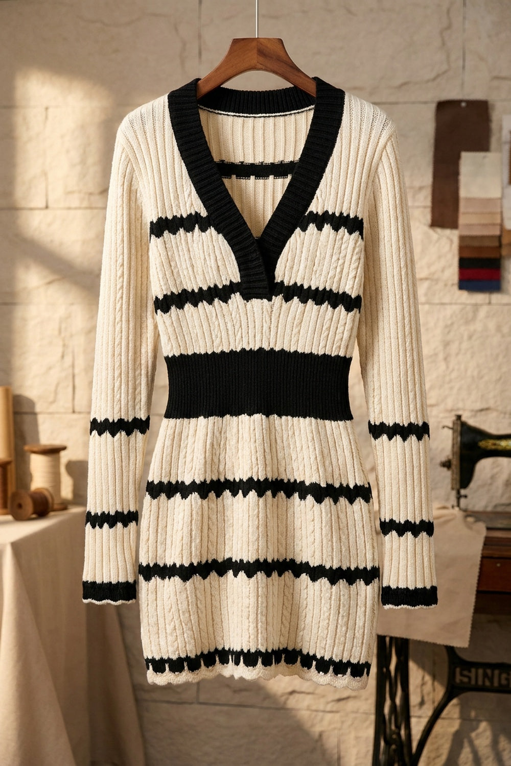 Cream & Black Ribbed Knit Bodycon Sweater Dress cream ribbed knit sweater dress - product view 2