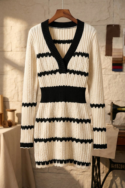 Cream & Black Ribbed Knit Bodycon Sweater Dress cream ribbed knit sweater dress - product view 2