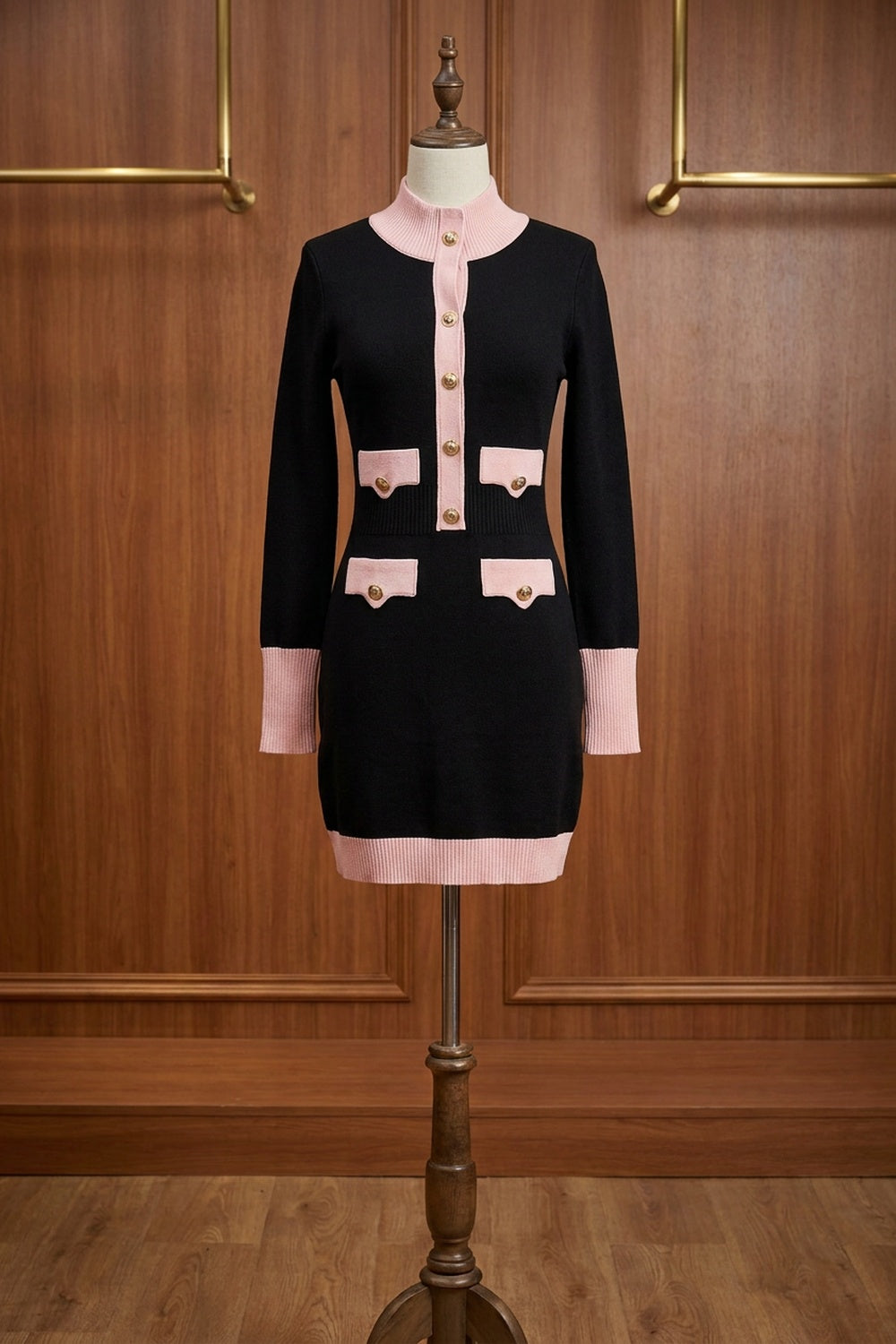 Black Fine Knit Bodycon Mini Dress with Pink Contrast black fine knit dress - product view 2