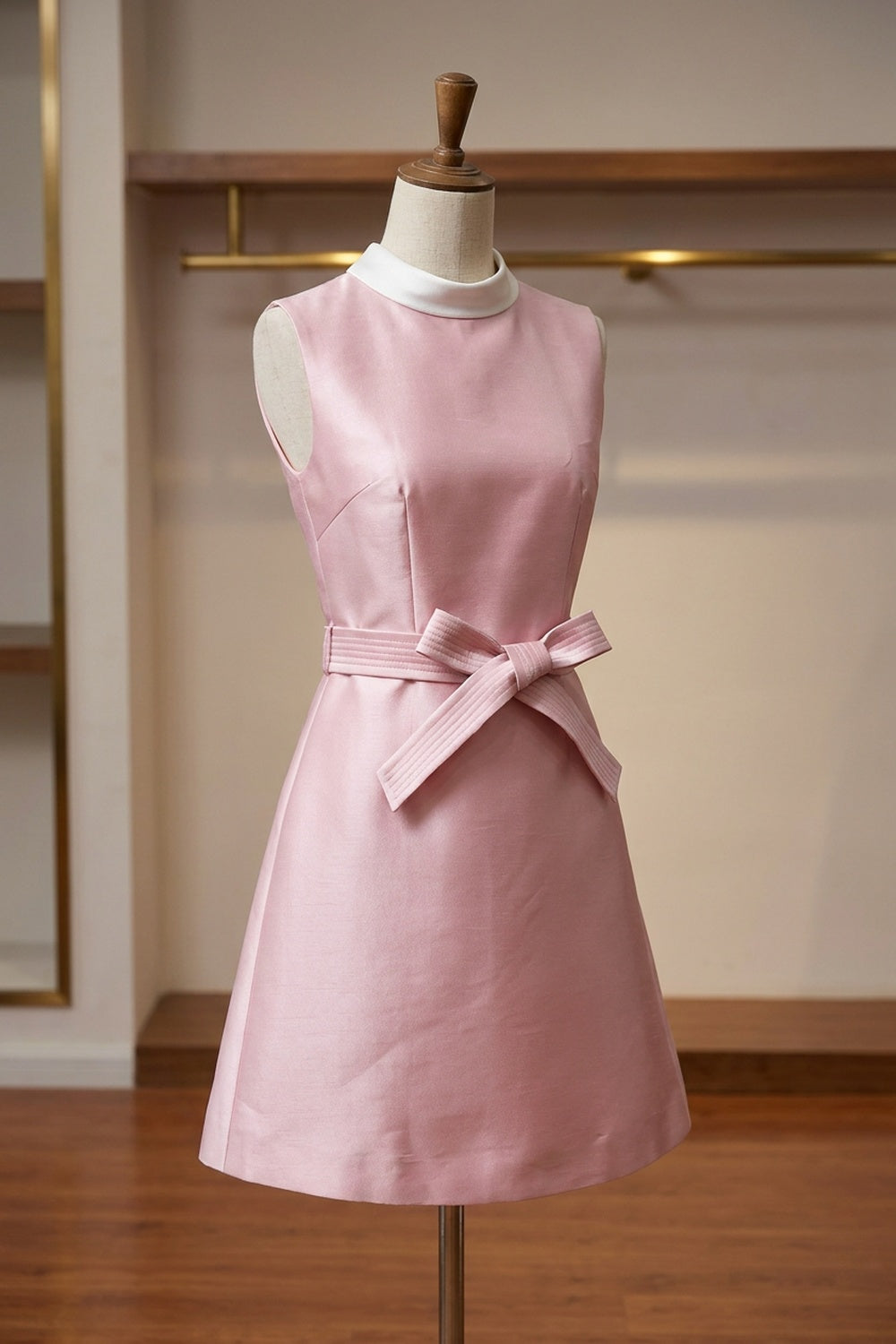 Pale Pink A-Line Mini Dress with Contrast White Collar pale pink structured silk gazar or heavy satin dress - product view 2