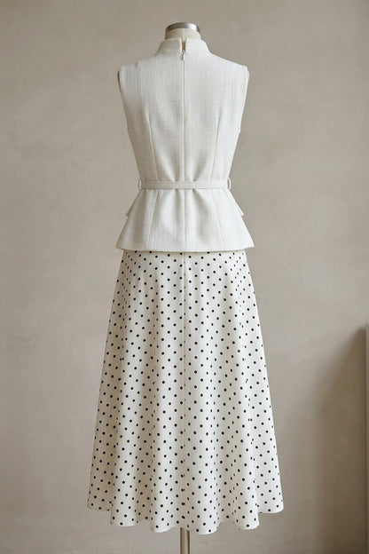 White Structured Woven Fitted Peplum Top & Flared A-Line Midi Skirt Two-Piece Set white structured woven cotton-blend two-piece set - product view 3