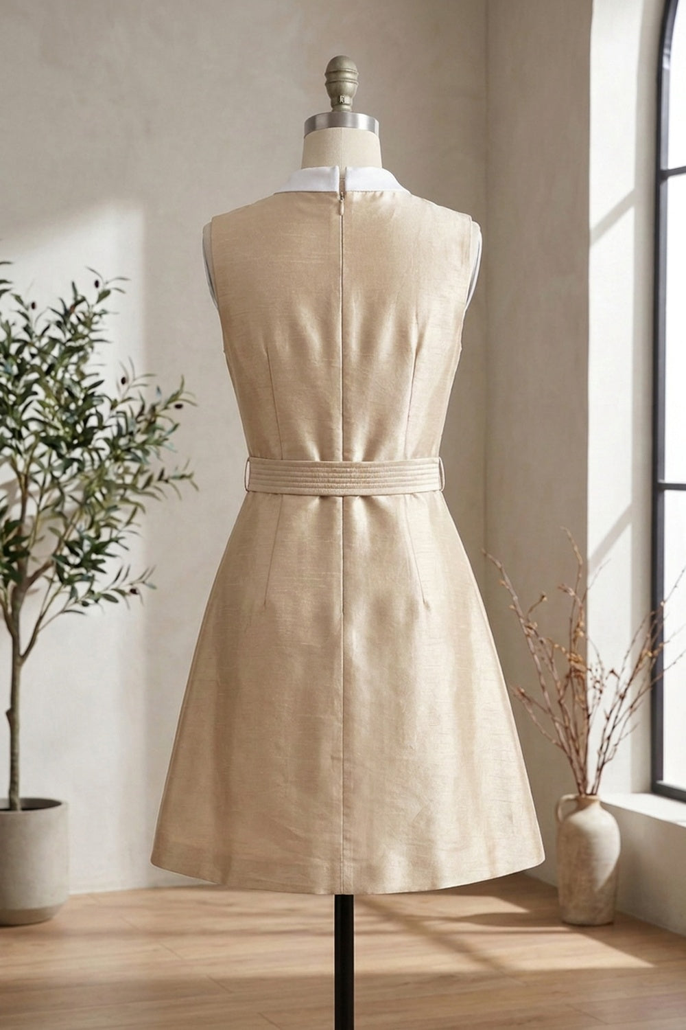 Champagne Gold Structured A-Line Mini Dress champagne gold structured woven silk or dupioni blend dress - product view 4