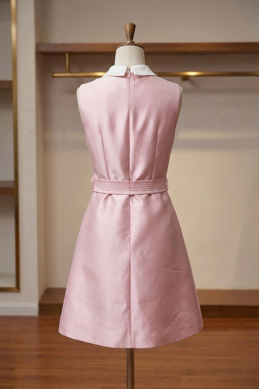 Pale Pink A-Line Mini Dress with Contrast White Collar pale pink structured silk gazar or heavy satin dress - product view 4