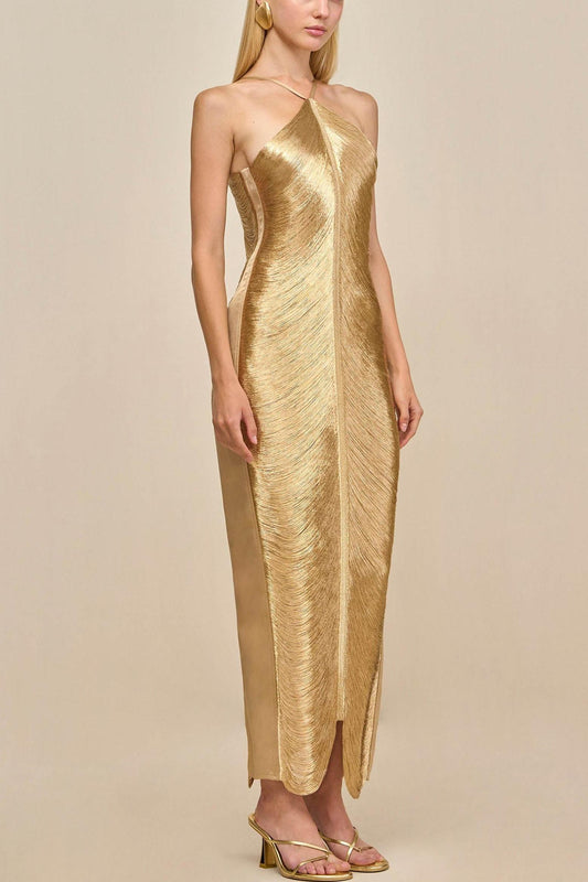 Veroty Halter Fringe Maxi Dress - Gold