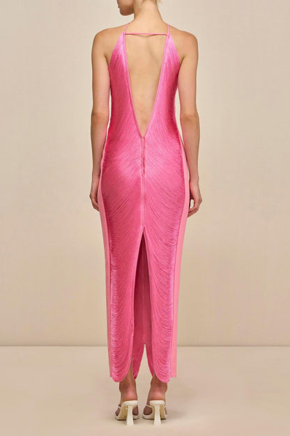 Veroty Halter Fringe Maxi Dress -Pink