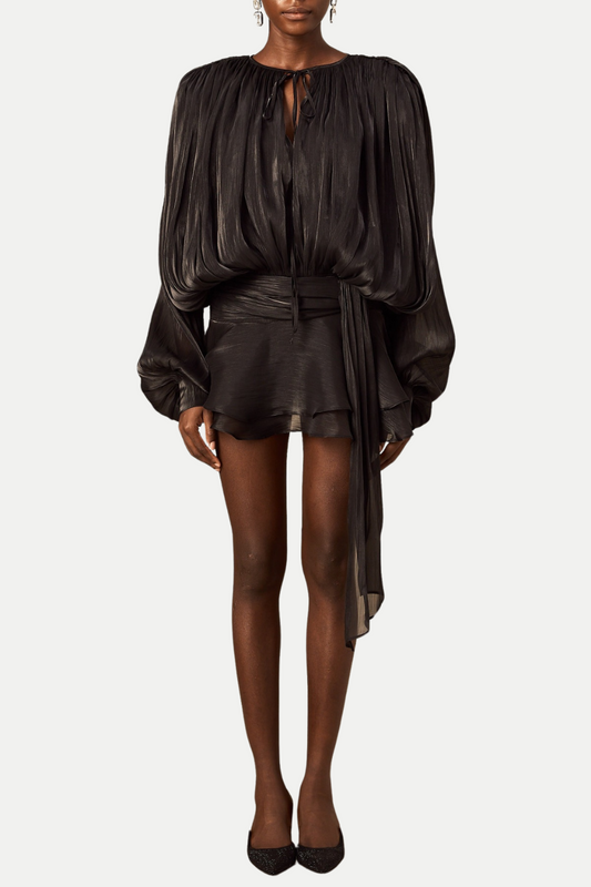 Anzay Pleated Ruffled Hem Mini Dress - Black