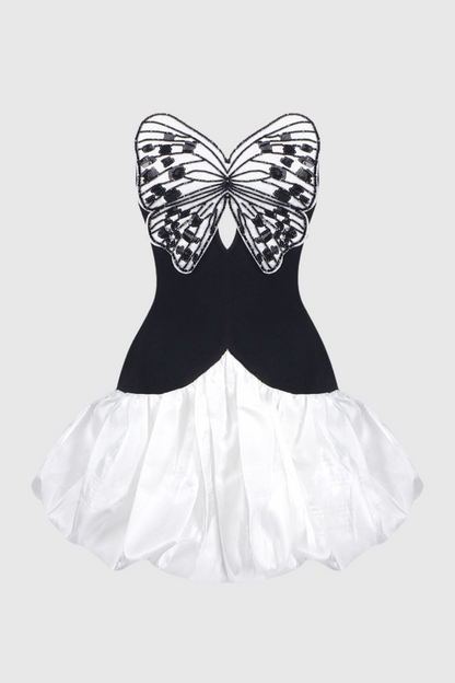 Kaidee Butterfly Strapless Puffy Mini Dress