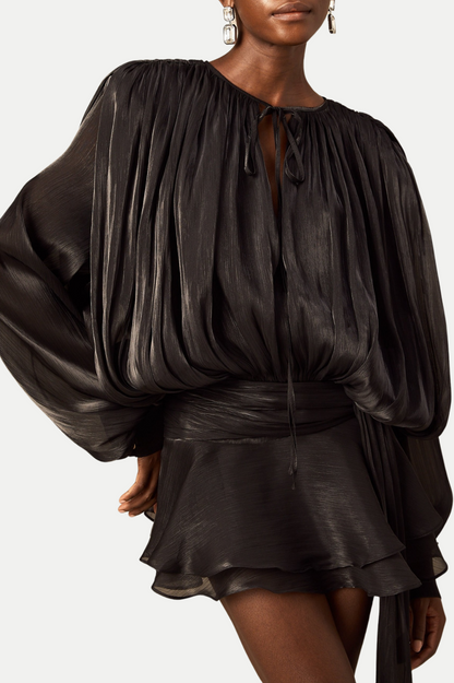 Anzay Pleated Ruffled Hem Mini Dress - Black