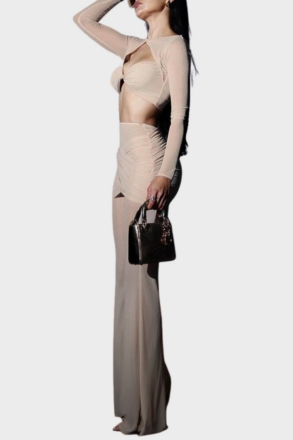 Selka Twisted Mesh Pants Set - Beige