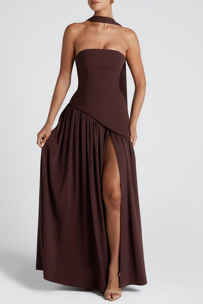 Miloni Strapless Split Maxi Dress - Brown