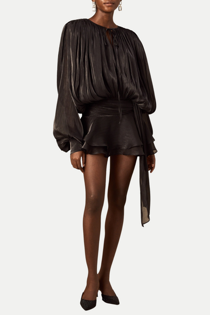 Anzay Pleated Ruffled Hem Mini Dress - Black