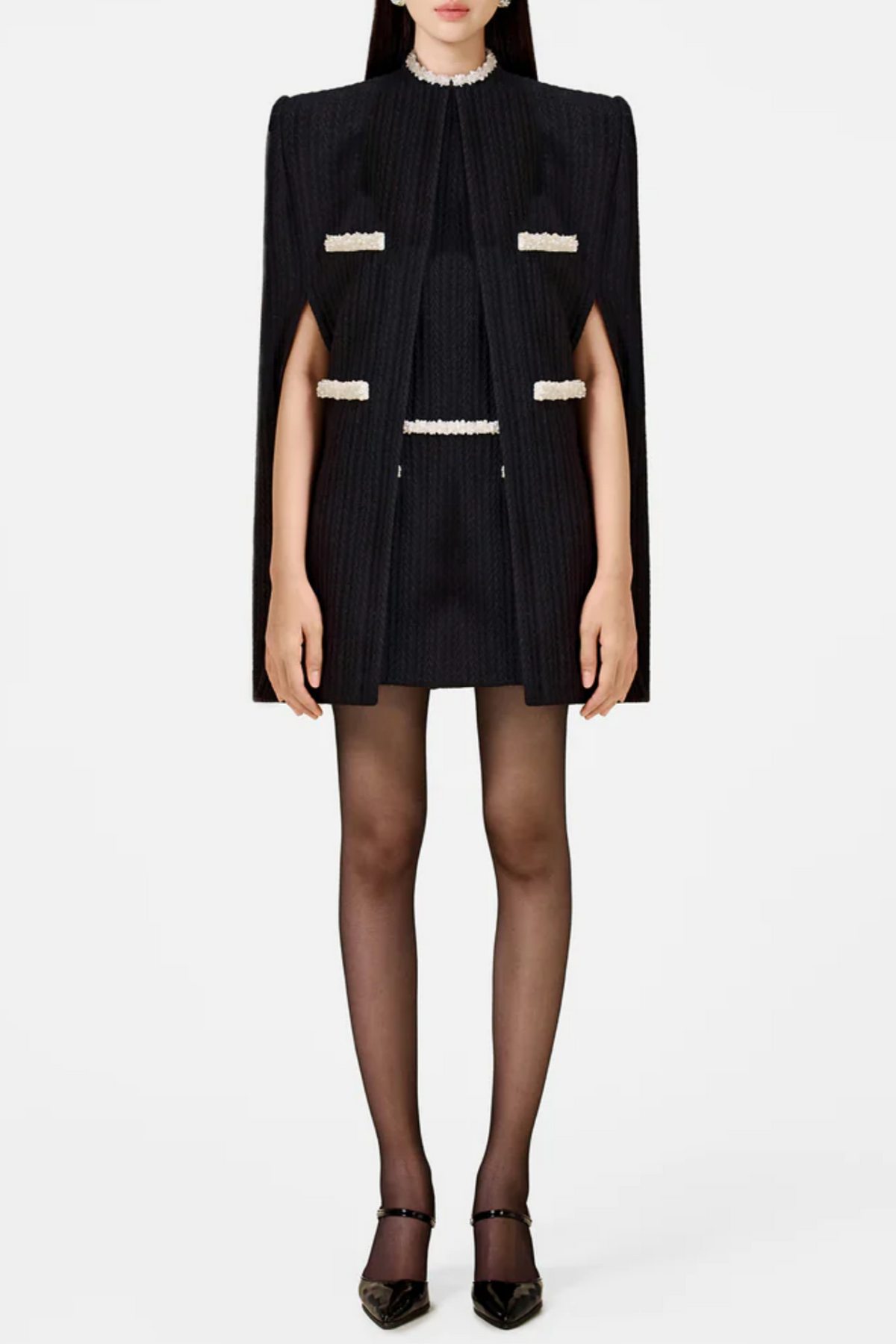 Abene Bow Beaded Embellished Knit Cape - Black