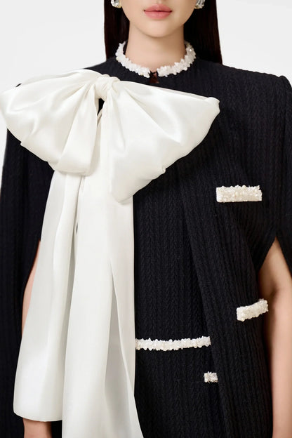 Abene Bow Beaded Embellished Knit Cape - Black