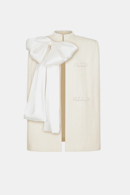 Abene Bow Beaded Embellished Knit Cape - White