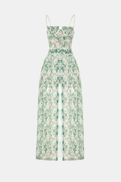 Abetzi Floral Embroidered Shorts & Maxi Dress Set - Green