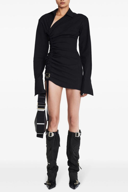 Adamar Asymmetric Buckle Ruched Mini Shirt Dress