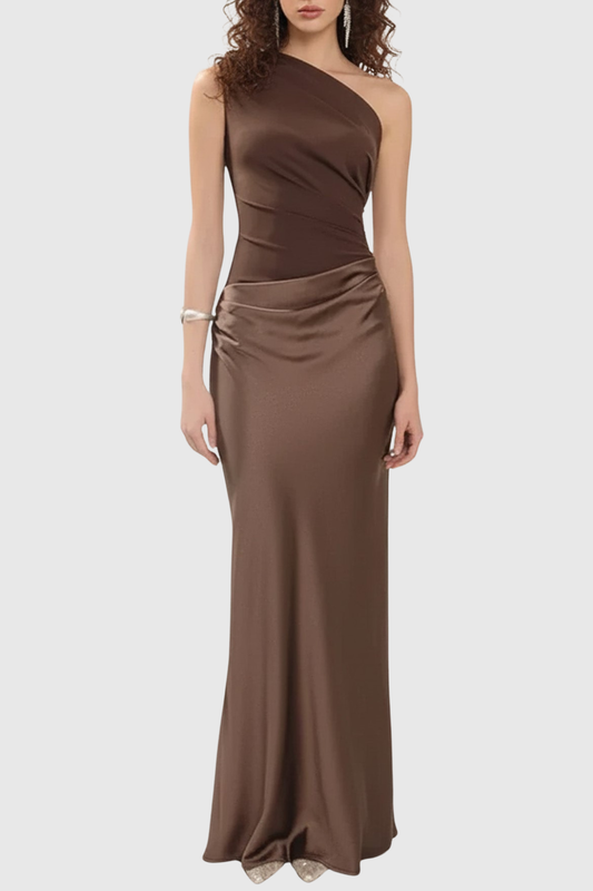 Adelpa One Shoulder Satin Maxi Dress - Brown