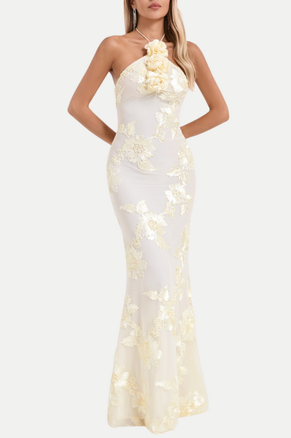 Aenkins Floral Halter Maxi Dress - Beige