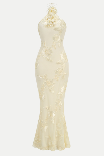 Aenkins Floral Halter Maxi Dress - Beige