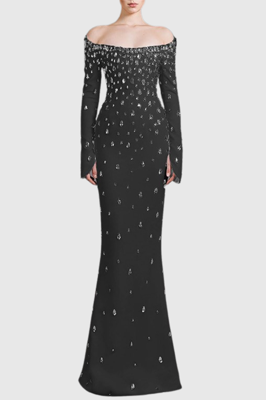 Aider Off Shoulder Crystal Embellished Maxi Dress - Black