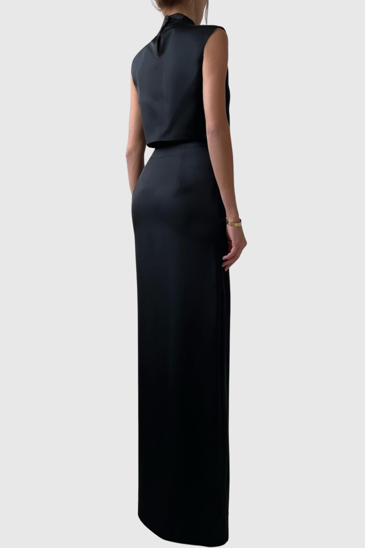 Airlie Satin Top & Buttoned Skirt Set - Black