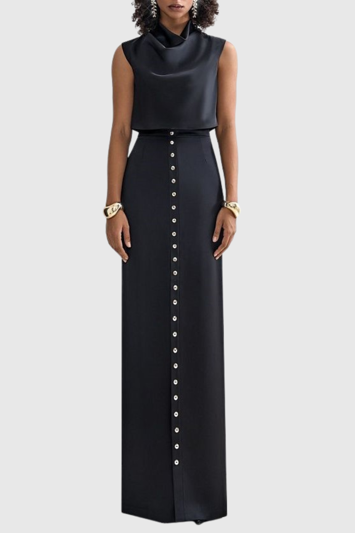 Airlie Satin Top & Buttoned Skirt Set - Black