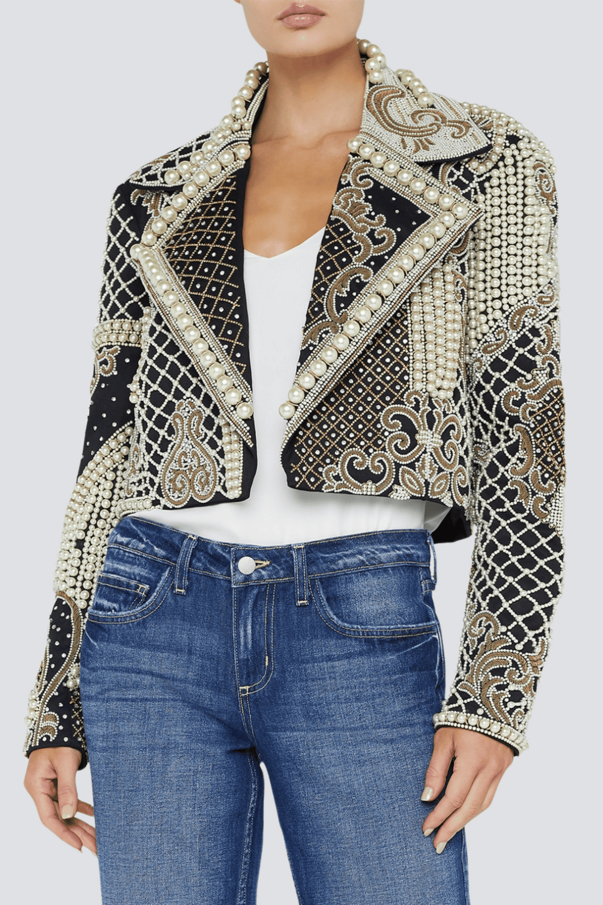 Akili Pearl Embellished Cropped Blazer