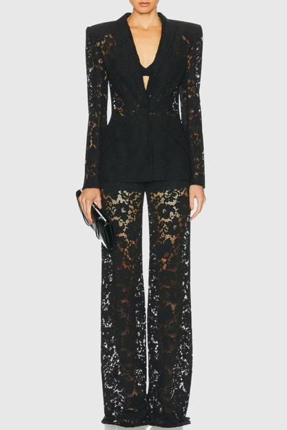 Albany Floral Lace Blazer & Pants Set - Black